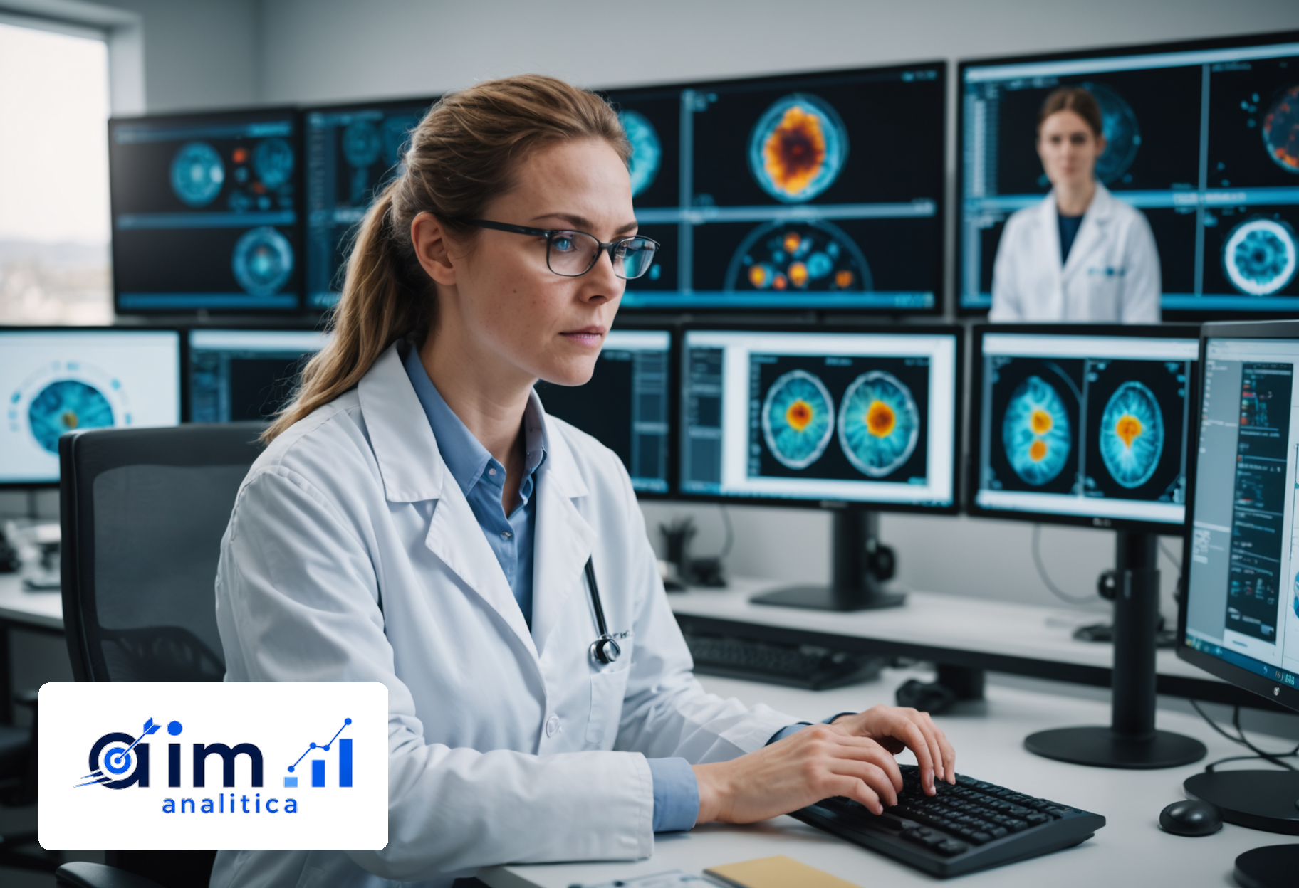 Radiologist reviewing medical scan images across multiple monitors