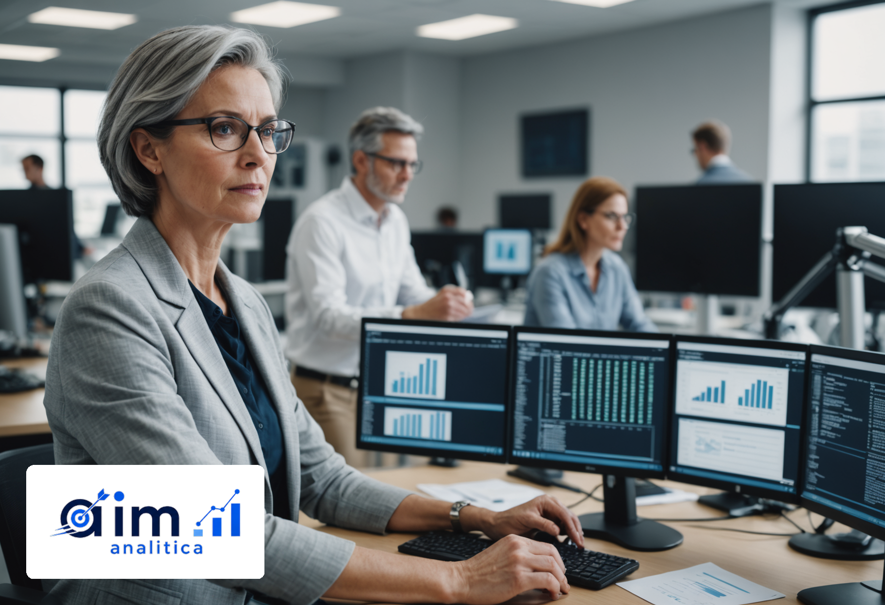 Data analysts reviewing dashboards on multiple monitors